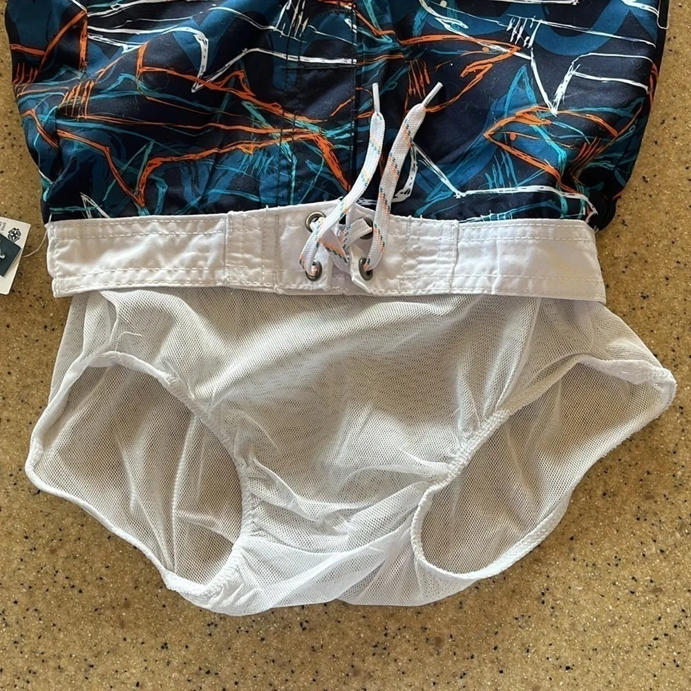 Brand New Oshkosh Swim Shorts Navy Blue Orange Graphic Shark Print Swim Trunks